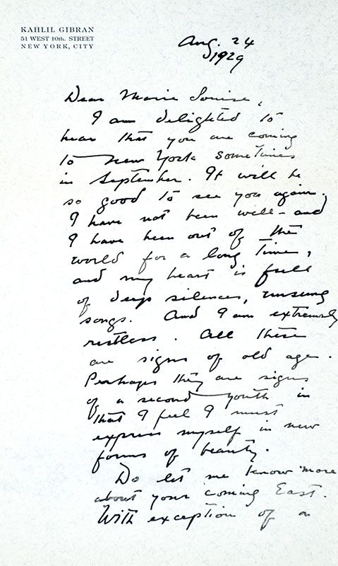 Letter of Kahlil Gibran to Marie Louise Watters, New York, Aug. 24, 1929